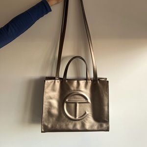 Used Telfar Medium Bronze Shopping Bag with Drawstring Bag